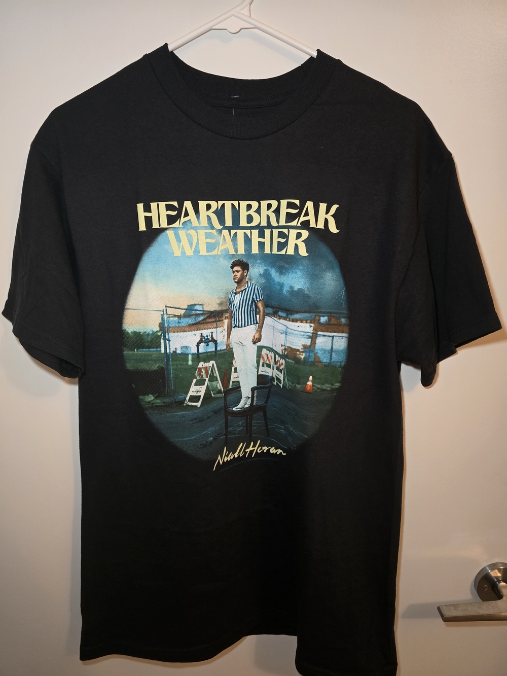 Hot Topic Heartbreak Weather Graphic Tee - Black with Blue and Cream Art